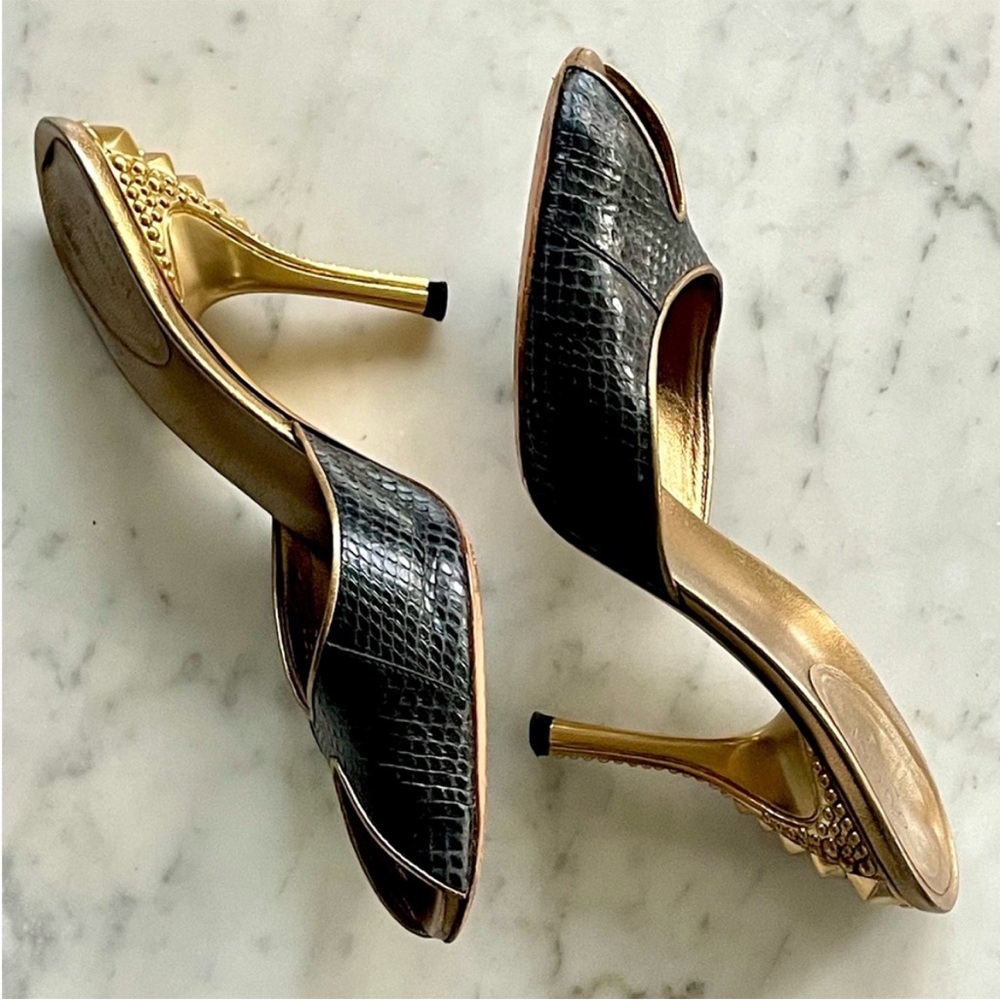 Gucci Rare Tom Ford Runway snakeskin slides, reptilian heel, blk & gold, 7, EUC - Picture 3 of 16